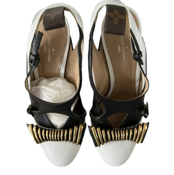 Louis Vuitton Headline White Black Gold Monogram Slingback Pumps Shoes Heels - Picture 3 of 16